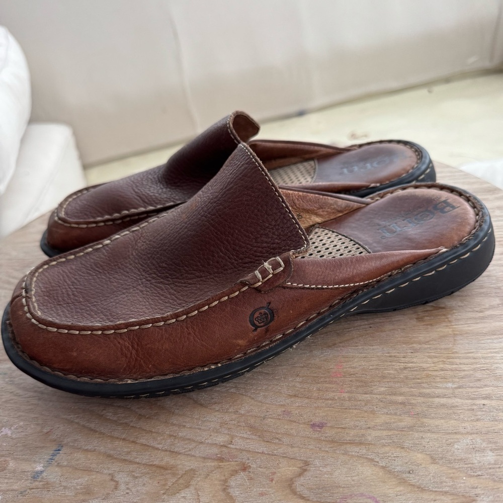 BØRN Slip On Brown Leather Mens Backless Loafers Size 9 - Picture 3 of 7